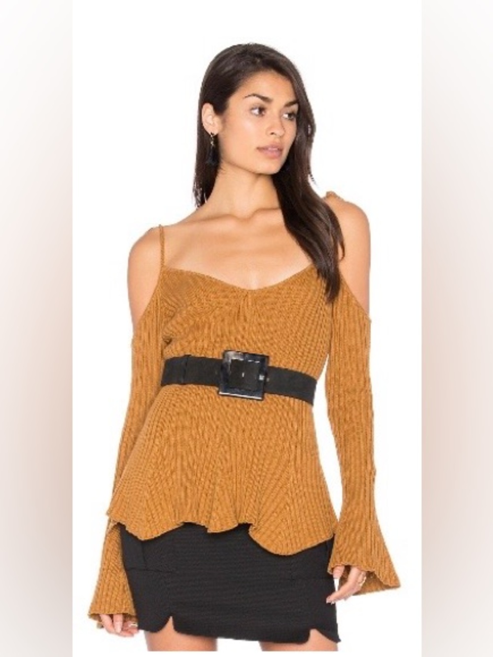 LPA Revolve Top 223 Arnold Palmer Tassel Tie Cold Shoulder Ribbed Bell Sleeve XS